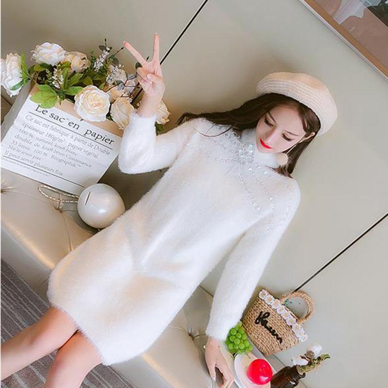 Autumn and Winter Half High Neck Dress Mid-length Lace Stitching Base Temperament Female Sweater Skirt