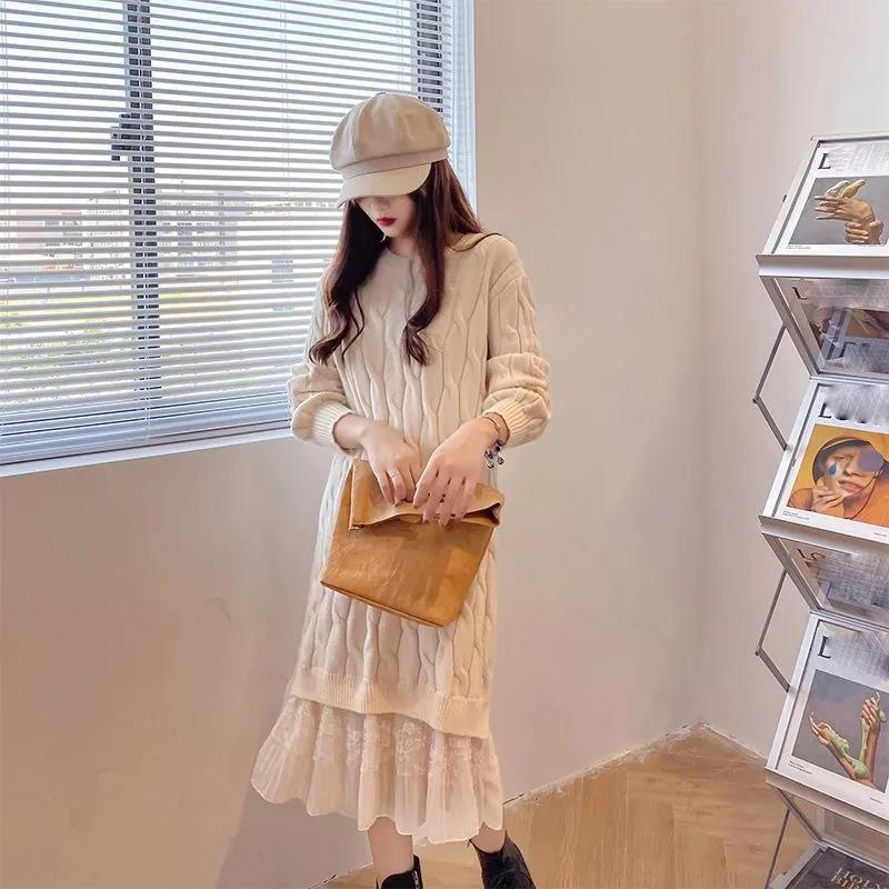 Sweater Dress Female Over-the-knee Base Skirt Mid-length Round Neck Pullover Long-sleeved Warm Sweater Lace Loose Sweet Wind