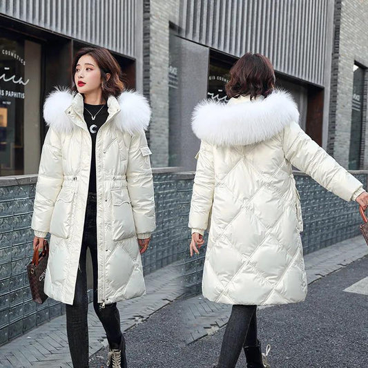 Glossy Disposable Down Padded Jacket Women's Mid-length Korean Style Winter Loose White Large Fur Collar Fashion Padded Jacket