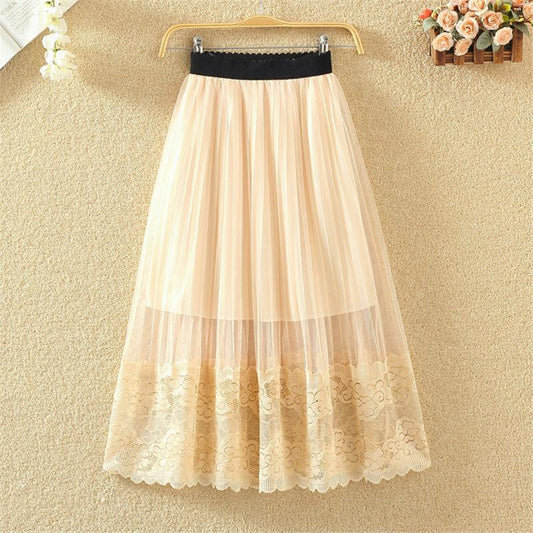 Women Summer Vintage Lace Elastic Waist Casual Skirt Versatile Medium Length Fairy Mesh Pleated Pompon Skirt