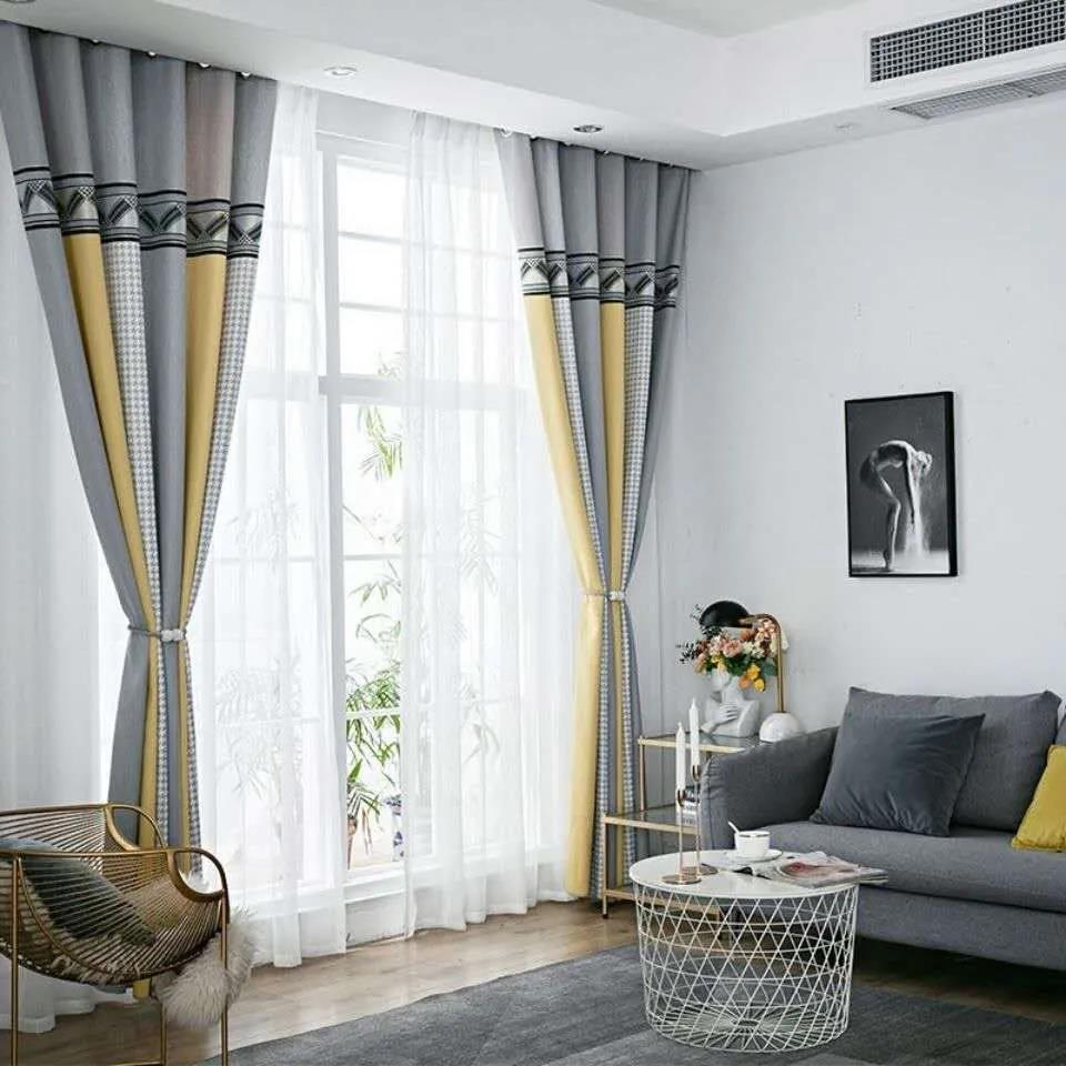 High-grade Seamless Splicing Thick Curtains Finished Sun-proof Heat Insulation Living Room Bedroom Balcony Black-out Curtains (150×270cm)