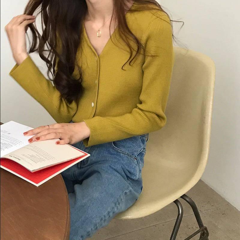 Autumn New Solid Color Inside Knit Cardigan Jacket Women's Loose Wild Long Sleeve V-neck Shirt