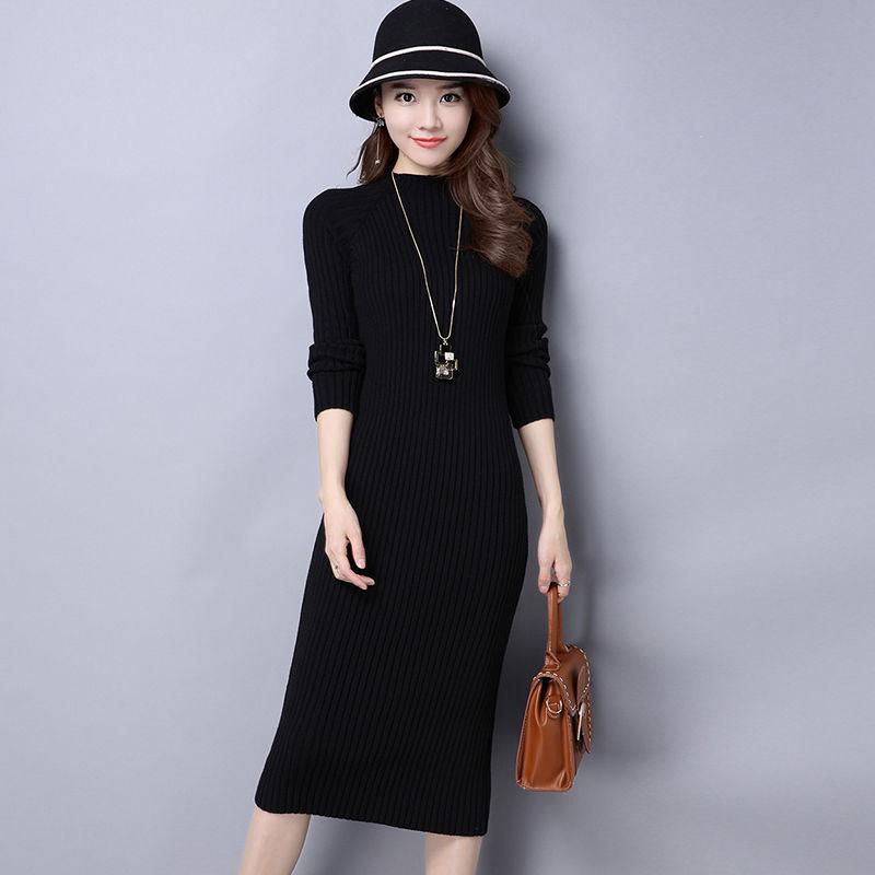 Woman Medium and Long Section High Collar Sweater Winter Knitting Sweaters Skirt Large Size Sweater