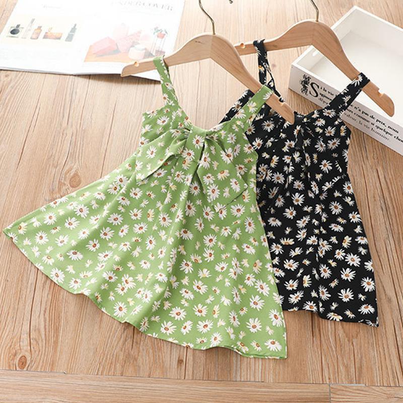 Summer Baby Girls Sling Dresses Children's Clothing Girls Sweet Lovely Polka Broken Flowers Bow Sleeveless Vest Dress