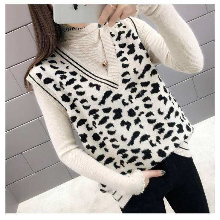 Women Sweater Vest Leopard Knitted Vest Fall Pullovers Sleeveless Printed Tops Ladies V Neck Clothes