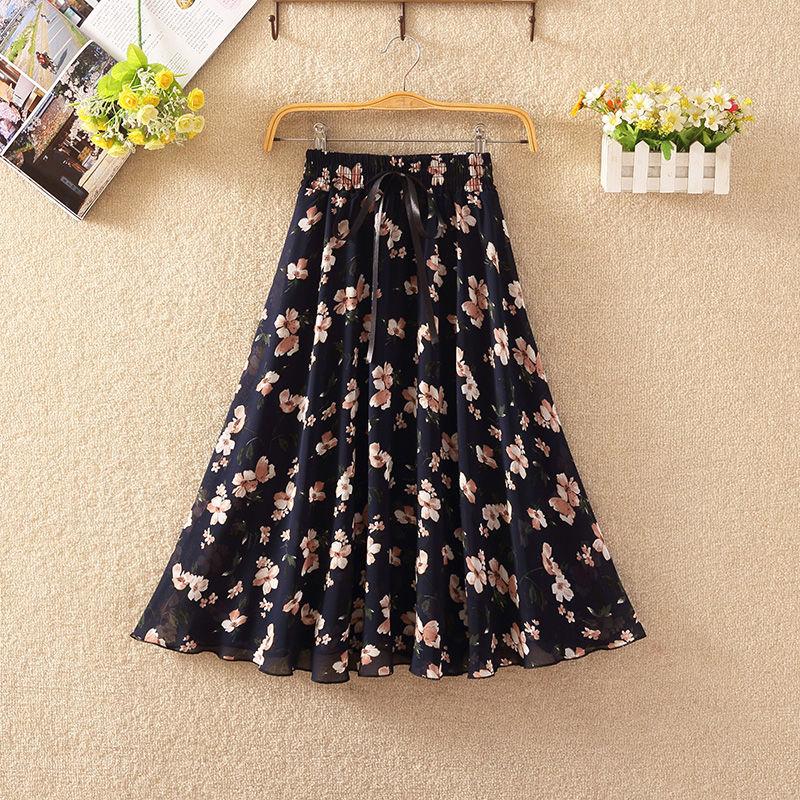 Floral Skirt Women's High Waist Mid-length Summer Fashion Casual Printed Chiffon Skirt