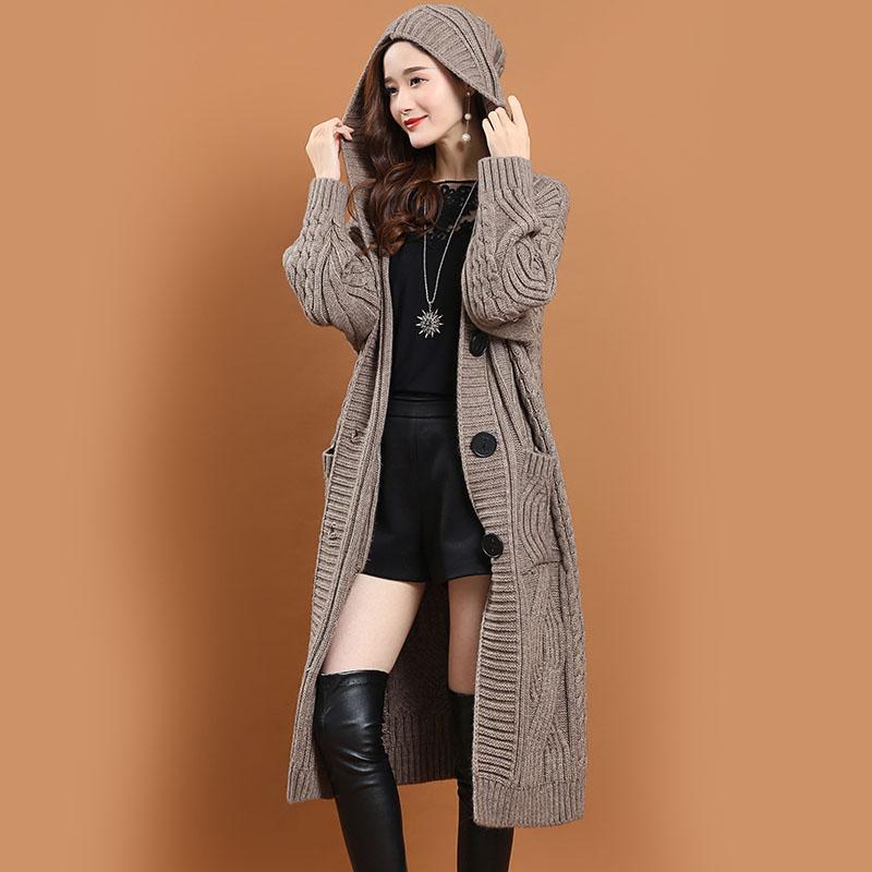 Hooded Knitted Cardigan Women's Outer Wear Autumn and Winter Long Loose Large Size Solid Color Sweater Jacket