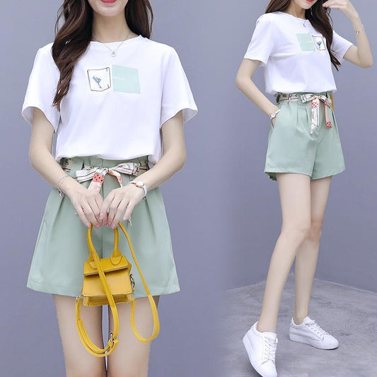 Pofulove Female Shorts Set Print Short Sleeve T-Shirt Wide Leg Shorts Two Piece Set Summer Outfits