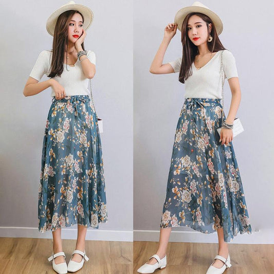 Floral Chiffon Floral Long Skirt Summer High Waist Loose A-line Skirt Half-length Skirt Female Summer Mid-length Skirt Fabric Light and Breathable