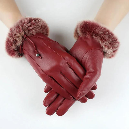 Winter Warm Leather Gloves Ladies Riding Sheepskin Gloves Rex Rabbit Fur Plus Suede Leather Gloves