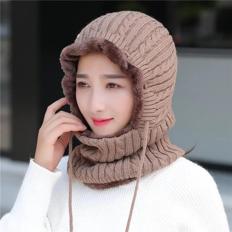 Women's Knitted Winter Hats Warm Skullies Beanies Pompoms Winter Caps for Women Winter Thick Beanies Caps One Piece Scarf Hats Set Facial Protection