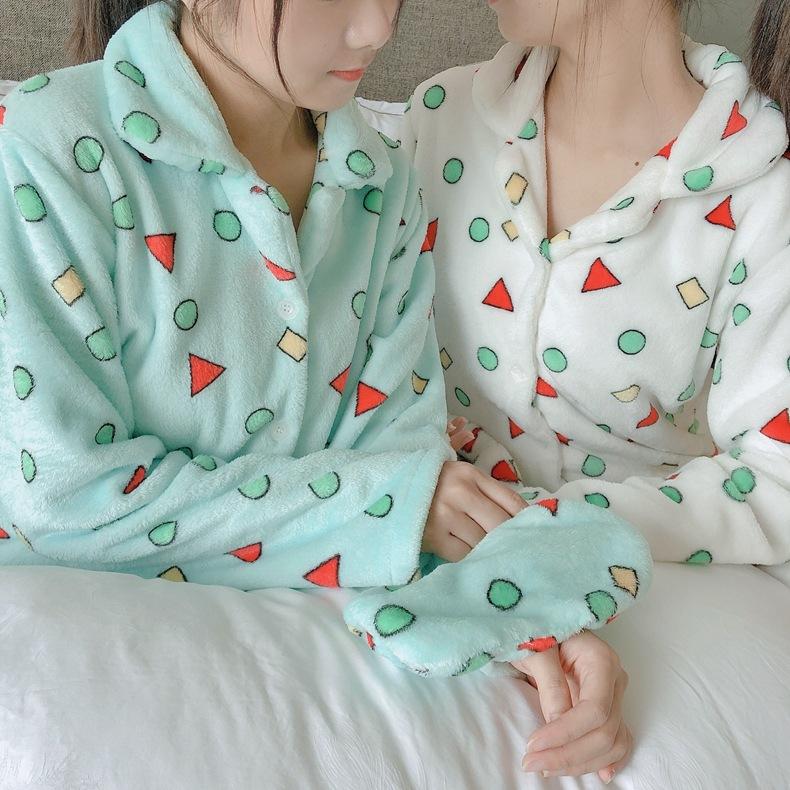 Flannel Cartoon Cute Pajamas Suit Women Winter Coral Fleece Homewear Autumn Thickening Sleepwear Set Geometry Winter Warm Nightwear Top and Pant Sets