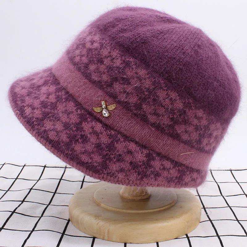 Ladies Autumn Winter Warm Rabbit Woolen Hat Mother's Knitted Hat with Velvet Thickening Rhinestone Decoration Cap High Quality Cold Proof Hat Headgear