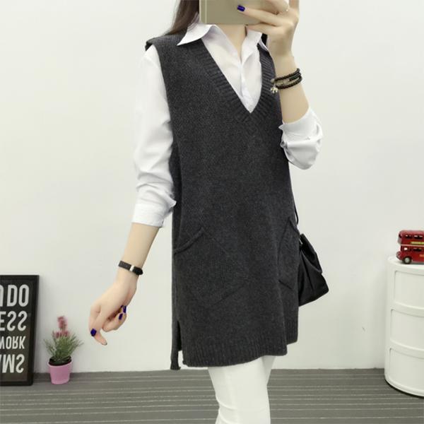 Autumn and Winter Mid-length Knitted Vest Women Loose Hedging V-neck Vest Thickened Large Size Waistcoat