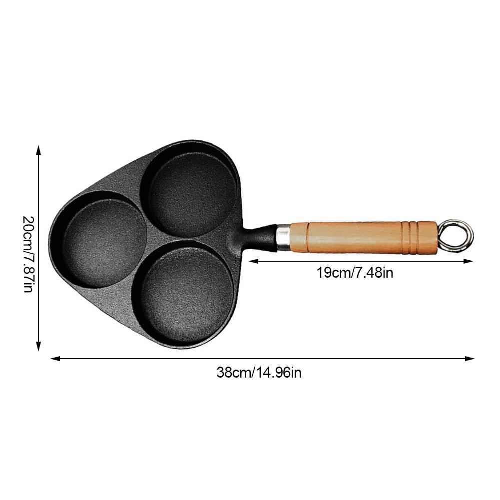 3-hole Fried Egg Pot with Wooden Handle Thickened Nonstick Cast Iron Frying Flat Pan 14.96x7.87 Inches