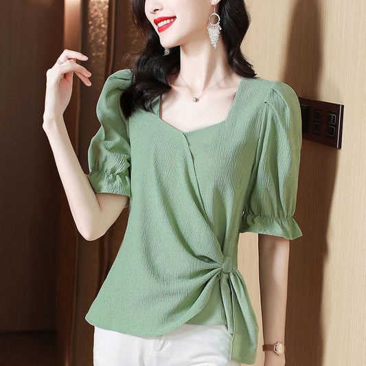 Large Size Shirt Women's Summer French Fashion Loose Square Collar All-match Short-sleeved Top