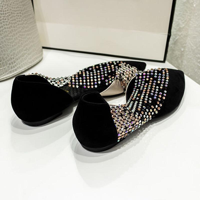 Women's Shoes Summer Sexy Side Hollow Flat Shoes Female Pointed Toe Baotou Rhinestone Hollow Single Shoes