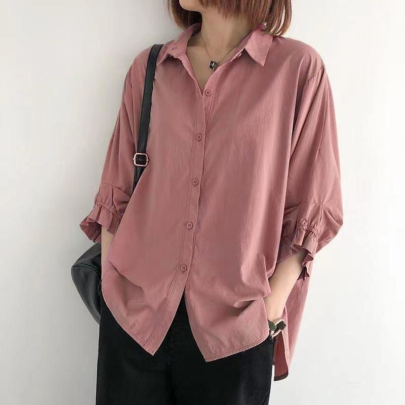 Cotton Lantern Sleeve Shirt Women's Summer Loose Large Size Thin Three-quarter Sleeve Blouses