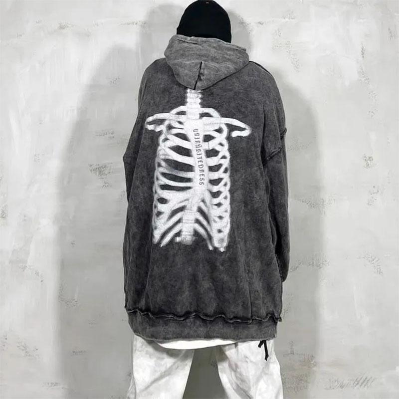 High Street Old Washed Bone Print Hooded Sweater Oversize Couple Sweater Hiphop Retro Casual Loose Long-sleeved Pullover Sweater Man and Women Top