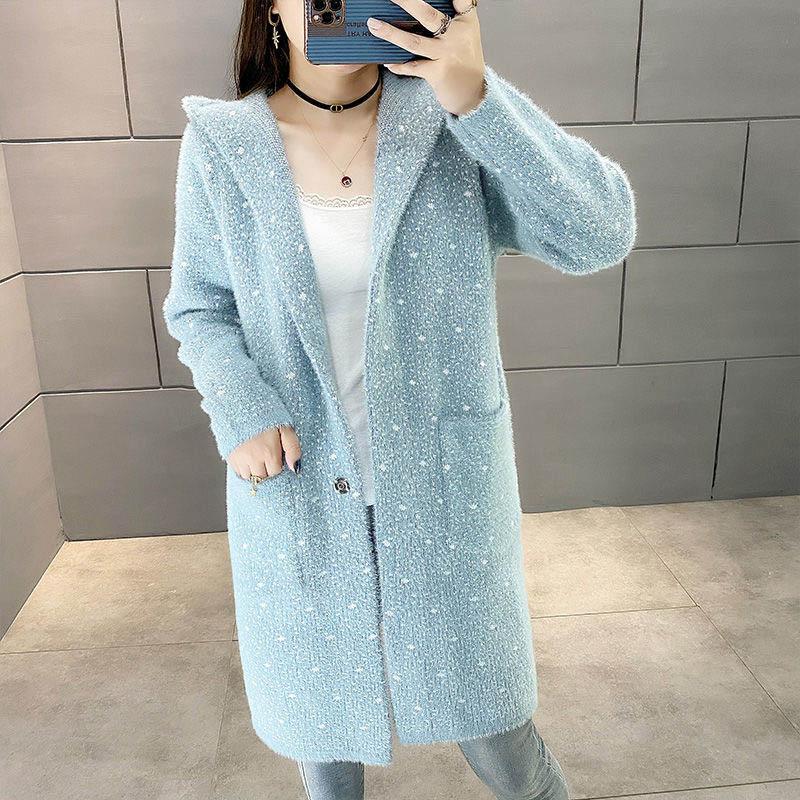 Spring and Autumn Mid-length Plaid Imitation Mink Velvet Coat Women Loose Thick Knit Sweater Coat Women