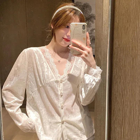 Women's Autumn Winter Pajamas Set Sexy Lace V-neck Velvet Homewear Loose Casual Comfortable White Pink Pyjamas Two-piece Set Oversize Loungewear