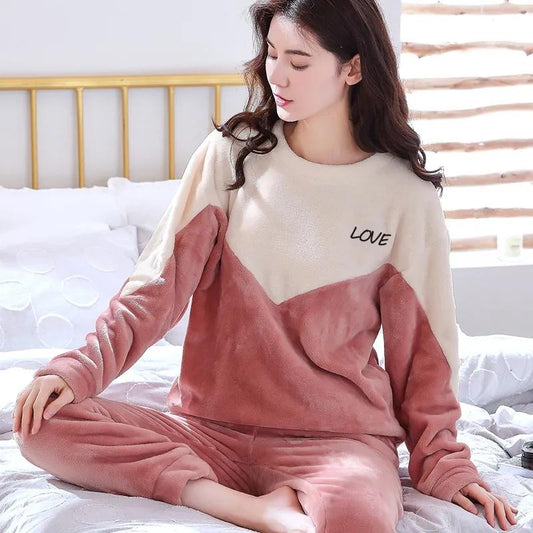 Women Coral Fleece Pajamas Set Autumn Winter Thick Velvet Warm Flannel Girls Female Home Wear Casual Loose Sleepwear Suit Long Sleeve Pullover O Neck