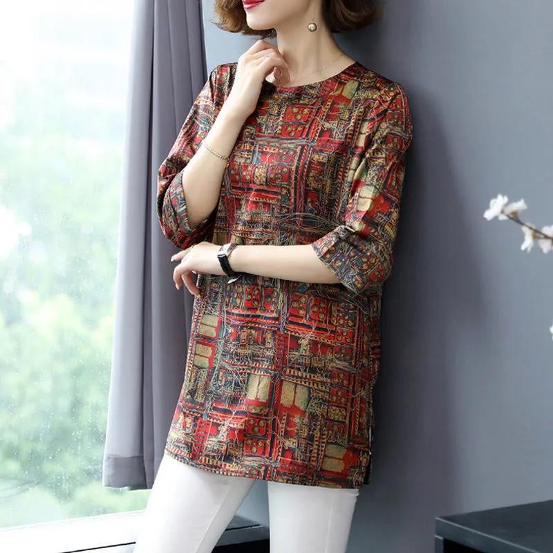 Women Bohemian Printed Shirt Summer Half Long Skirt Casual Loose Thin T-shirt Retro Style Top for Mom