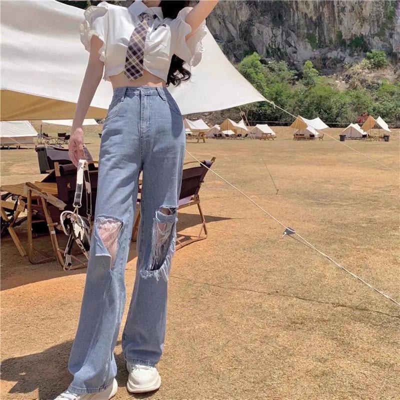 Summer Ins Lace Ripped Jeans Women's High Waist Thin Loose Straight Thin Trousers Casual Wide Denmin Pants