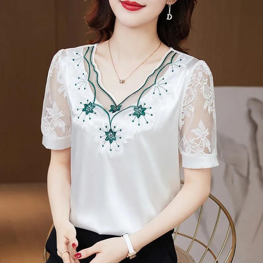 Chiffon Shirt Short-sleeved Summer Women's Large Size Lace Top Women's Loose T-shirt Small Shirt