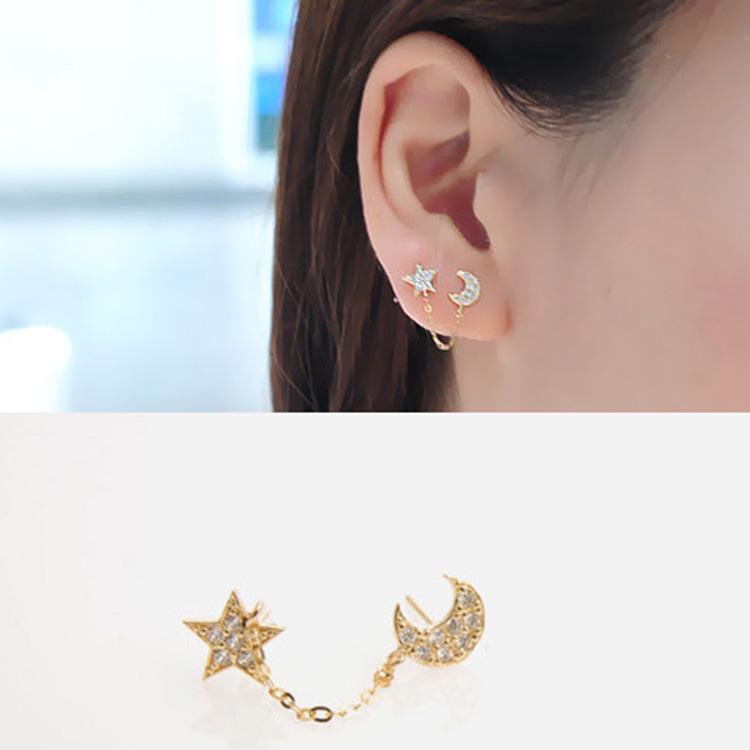 Star Moon Full Diamond Chain Earrings Single Ear Double Hole Stud Earrings Fashion Accessories