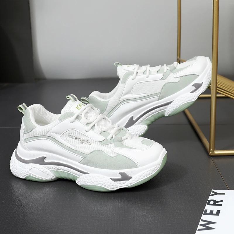 Leather Sports Shoes Breathable Net Shoes Spring and Autumn Female Students' Casual Board Shoes Thick Soles Large Soles Comfortable Shoes White Shoes