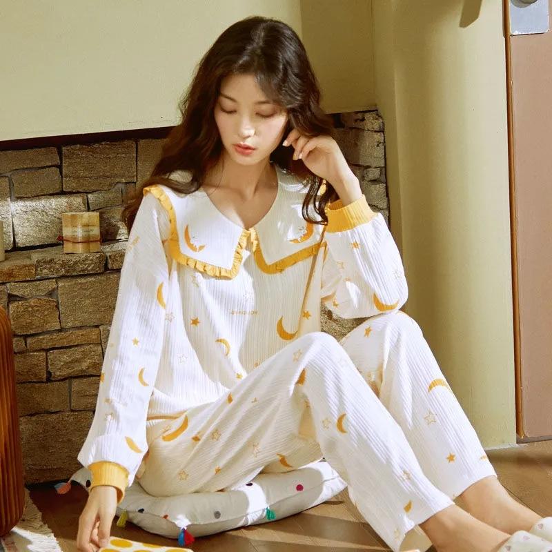 Pajamas for Women Spring Autumn Long Sleeve Sleepwear Set Winter Home Wear Suit Cartoon Cute Casual Simple Loose Girls Cotton Night Wear Pullover