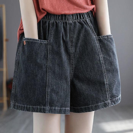 Summer Plus Size Denim Shorts Women's Big Pockets Loose and Thin All-match Wide-leg Pants Elastic Waist Shorts