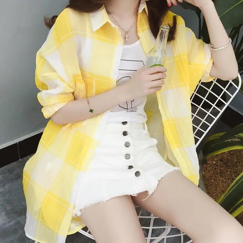 Women's Mid-length Plaid Shirt Long Loose Jacket Women's Sun Protection Clothing Large Size Loose Thin Jacket Ladies Long Chiffon Shirt