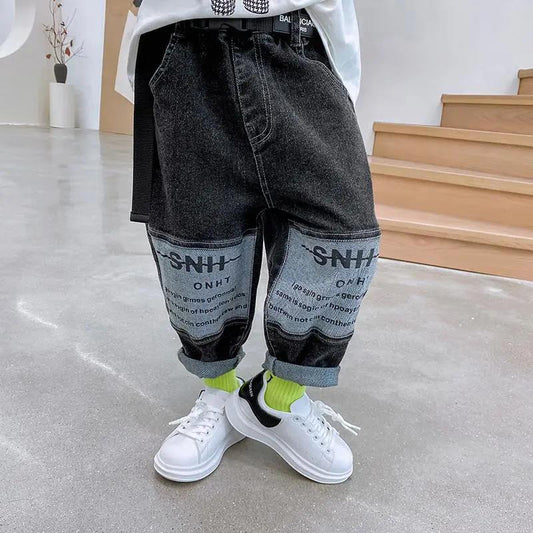 Boys Jeans All-match Casual Pants Children's Pants Trousers Spring and Autumn Casual Pants Loose Printed Jeans