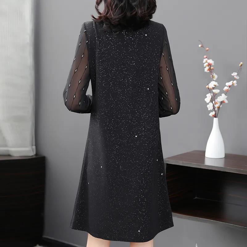 Women Black Blue Dress Solid Color Sequins Tulle Long Sleeve O-neck Spring and Autumn Large Size Loose Knee-length Size L-XXXXXL