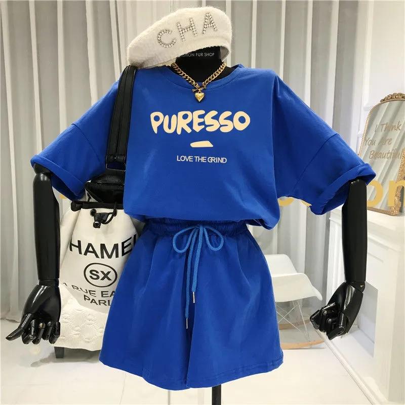 2PCS Women's Summer Cotton Suit Large Size Short Sleeve Shorts Casual Sportswear Two Piece Set Gym Fitness Running Jogging Suit Athletic Clothing Sets