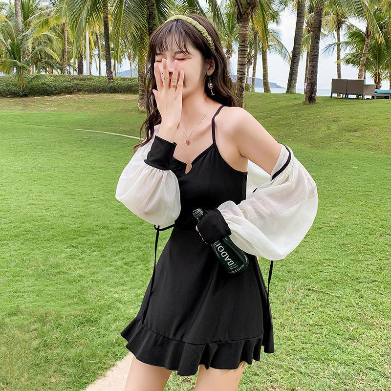 One-piece Swimsuit Women's Long-sleeved Sunscreen Cover Belly Slimming Seaside Holiday Skirt Swimwear Sweet and Cute