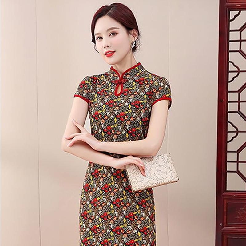 High-end Cheongsam Dress Fat Mother Covering Belly Loose Improved Version Dress Floral Ice Silk Cheongsam Women