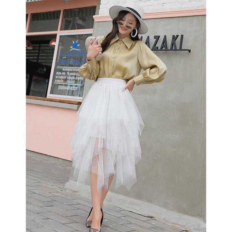 Women Irregular Tulle Skirts Fashion Elastic High Waist Tutu Skirt Pleated Long Skirts Midi Skirt