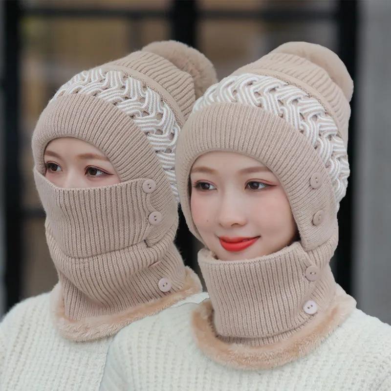 Women's Two-in-one Hat Scarf Winter Warm Woolen Cap Windproof Thick Woolen Caps for Riding Fur Ball Knitted Hats Facial Mask Scarf Set