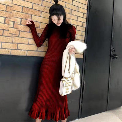 Long Over-the-knee Lazy Knit Sweater Large Swing Dress Slim Fit Versatile Bottomed Fishtail Skirt Women's Long Sweater Comfortable and Warm