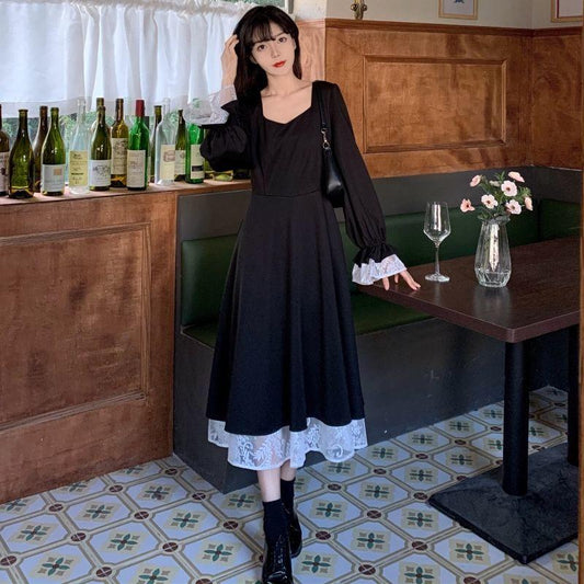 Women's Spring and Autumn Large Size Long Sleeve Vintage Elegant Black Stitching Lace Long Party Dress