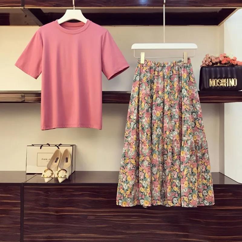 Women Summer 2 Pieces Skirt Set Pink Short Sleeve T-shirt & High Waist Floral Print Mid-length Pleated Skirt Women Casual Skirt Suit