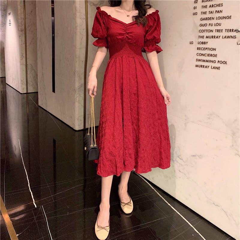 Puff Sleeve Women Maxi Dresses Sexy Off Shoulder A-Line Long Boho Summer Dress Elastic Waist Dress