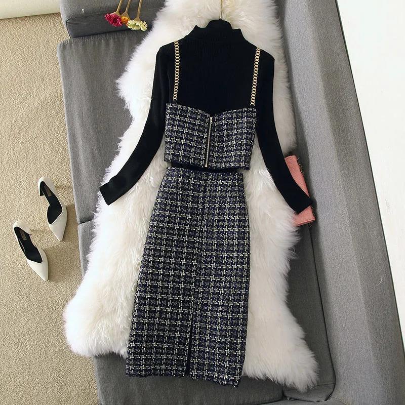 Knitwear Warm Base Women's Autumn and Winter Woolen Skirt Suit Three-piece Dress Vest Bag Hip Skirt Sweater Warm and Comfortable