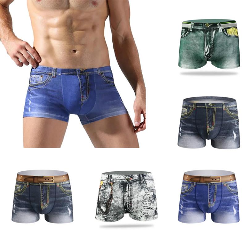 Men's Underwear Fashion 3D Printed Denim Boxer Shorts Pure Cotton Sexy Mid-waist Boxer Shorts