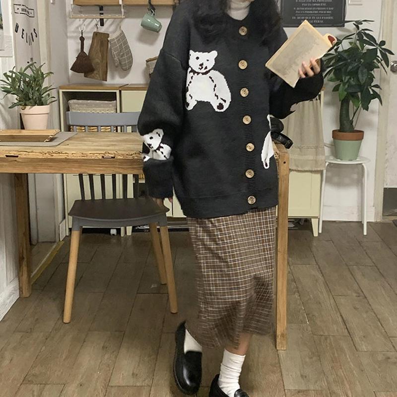 Autumn  Winter Sweater Cardigan Women's Casual Loose Fashion Retro Long-sleeved Shirt Student Wild Bear Sweater Coat