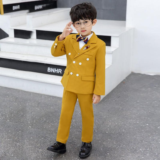 Flower Boys Formal Dress Suit Set Autumn Children Plaid Double Breasted Blazer Pants 2Pcs Clothes Set Kids Wedding Party Costume