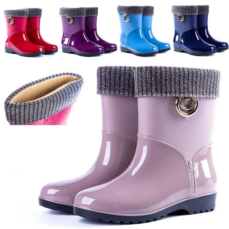 Rain Boots Women's Warm Low-tube Rubber Boots Mid-tube Water Shoes Kitchen Non-slip Rain Boots Plus Velvet Detachable Rubber Shoes